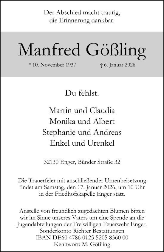 Traueranzeige von Manfred Gößling von Neue Westfälische und Westfalen-Blatt