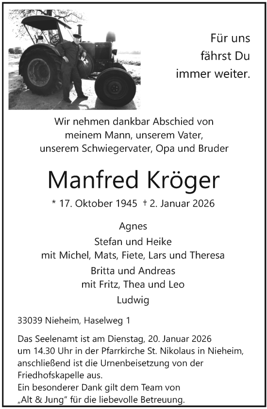 Traueranzeige von Manfred Kröger von Neue Westfälische und Westfalen-Blatt