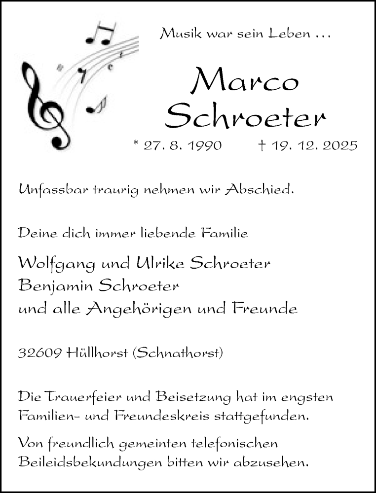  Traueranzeige für Marco Schroeter vom 05.01.2026 aus Neue Westfälische und Westfalen-Blatt