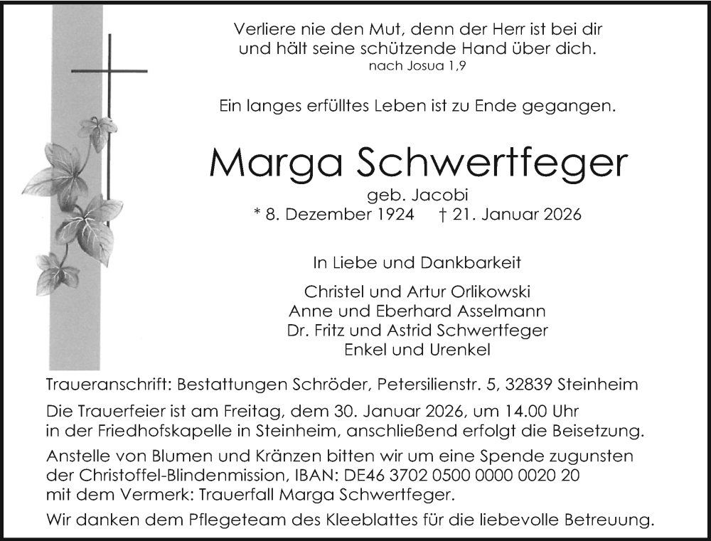  Traueranzeige für Marga Schwertfeger vom 28.01.2026 aus Neue Westfälische und Westfalen-Blatt