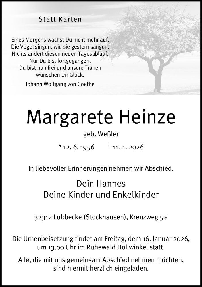  Traueranzeige für Margarete Heinze vom 14.01.2026 aus Neue Westfälische und Westfalen-Blatt