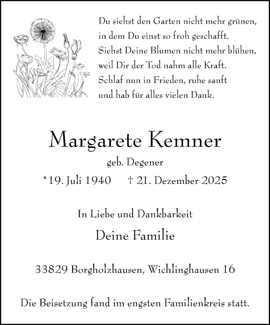 Traueranzeige von Margarete Kemner von Neue Westfälische und Westfalen-Blatt