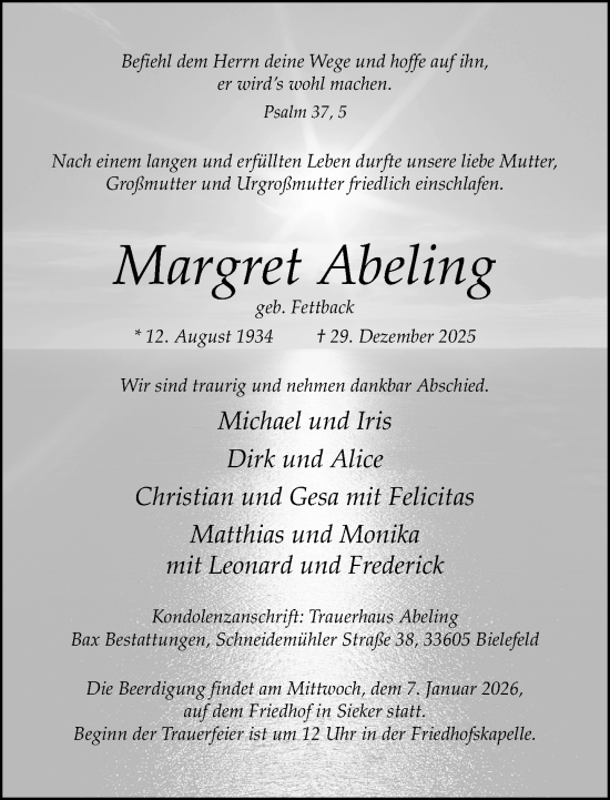 Traueranzeige von Margret Abeling von Neue Westfälische und Westfalen-Blatt