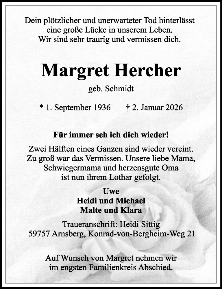  Traueranzeige für Margret Hercher vom 10.01.2026 aus Neue Westfälische und Westfalen-Blatt