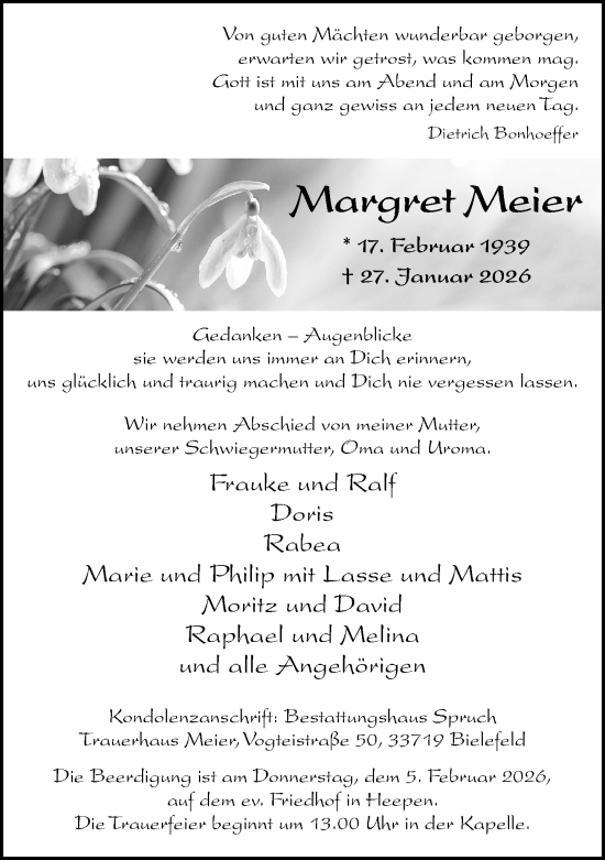 Traueranzeige von Margret Meier von Neue Westfälische und Westfalen-Blatt