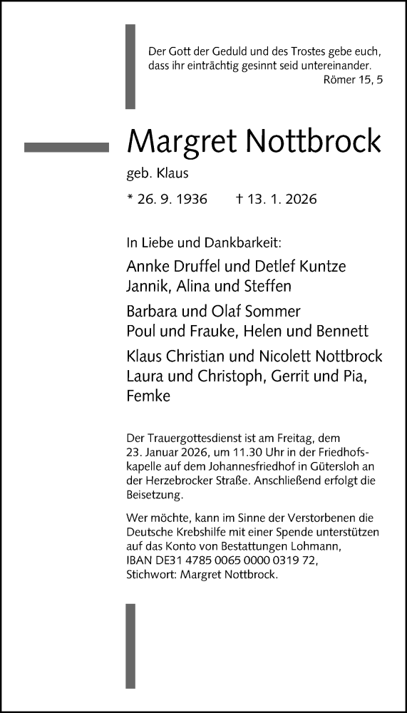 Traueranzeige für Margret Nottbrock vom 17.01.2026 aus Neue Westfälische und Westfalen-Blatt