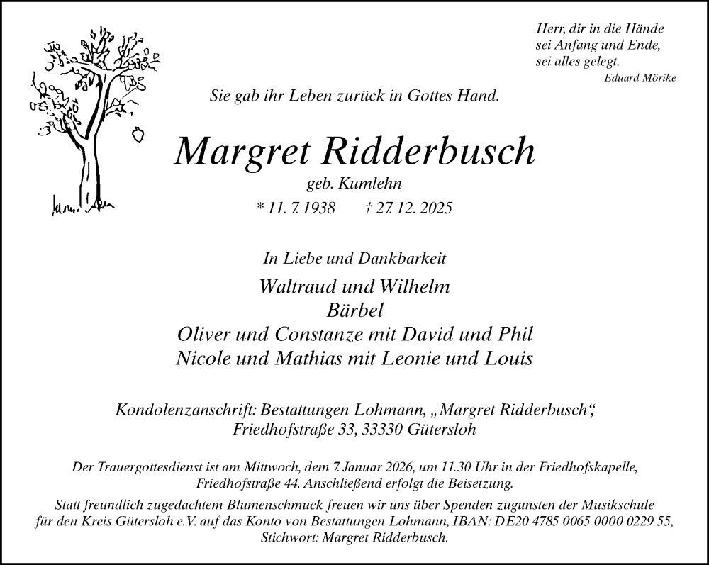  Traueranzeige für Margret Ridderbusch vom 03.01.2026 aus Neue Westfälische und Westfalen-Blatt