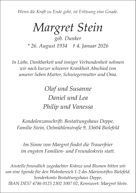 Traueranzeige von Margret Stein von Neue Westfälische und Westfalen-Blatt