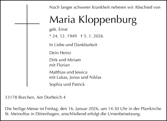 Traueranzeige von Maria Kloppenburg von Neue Westfälische und Westfalen-Blatt