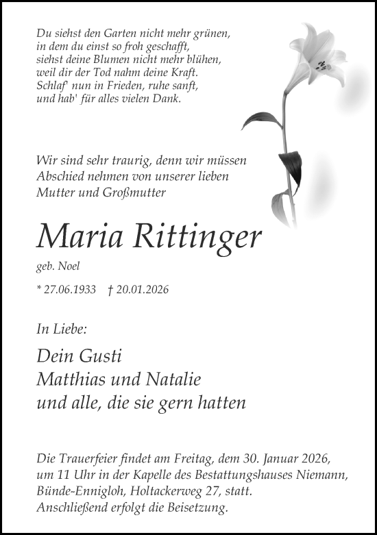Traueranzeige von Maria Rittinger von Neue Westfälische und Westfalen-Blatt