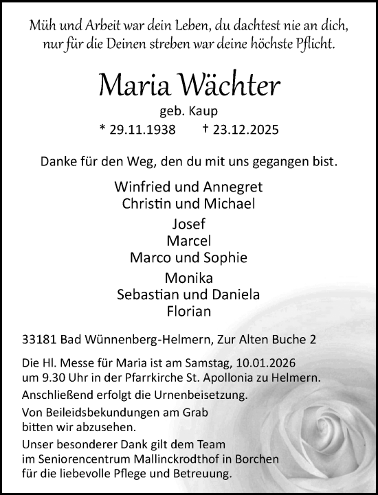Traueranzeige von Maria Wächter von Neue Westfälische und Westfalen-Blatt