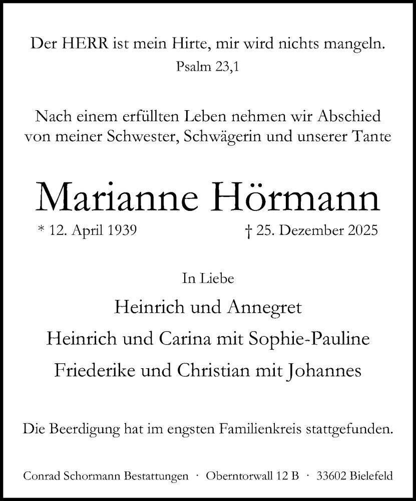  Traueranzeige für Marianne Hörmann vom 10.01.2026 aus Neue Westfälische und Westfalen-Blatt