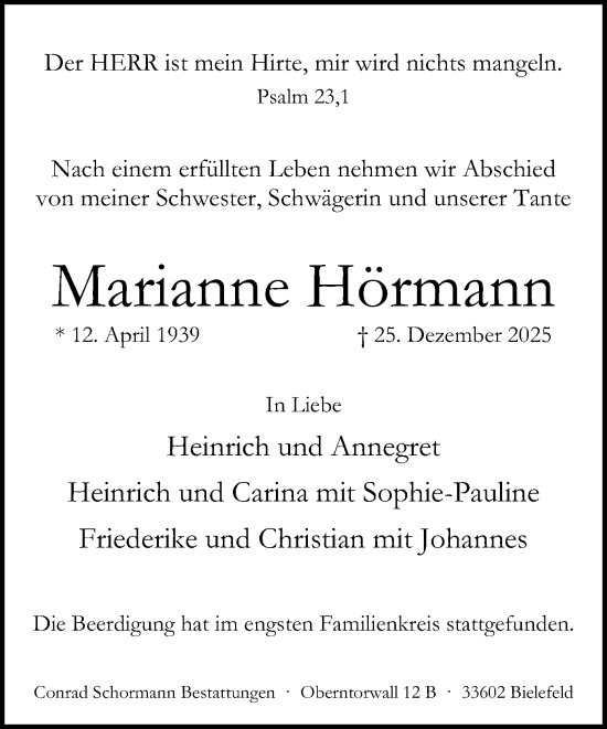 Traueranzeige von Marianne Hörmann von Neue Westfälische und Westfalen-Blatt
