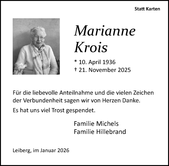 Traueranzeige von Marianne Krois von Neue Westfälische und Westfalen-Blatt