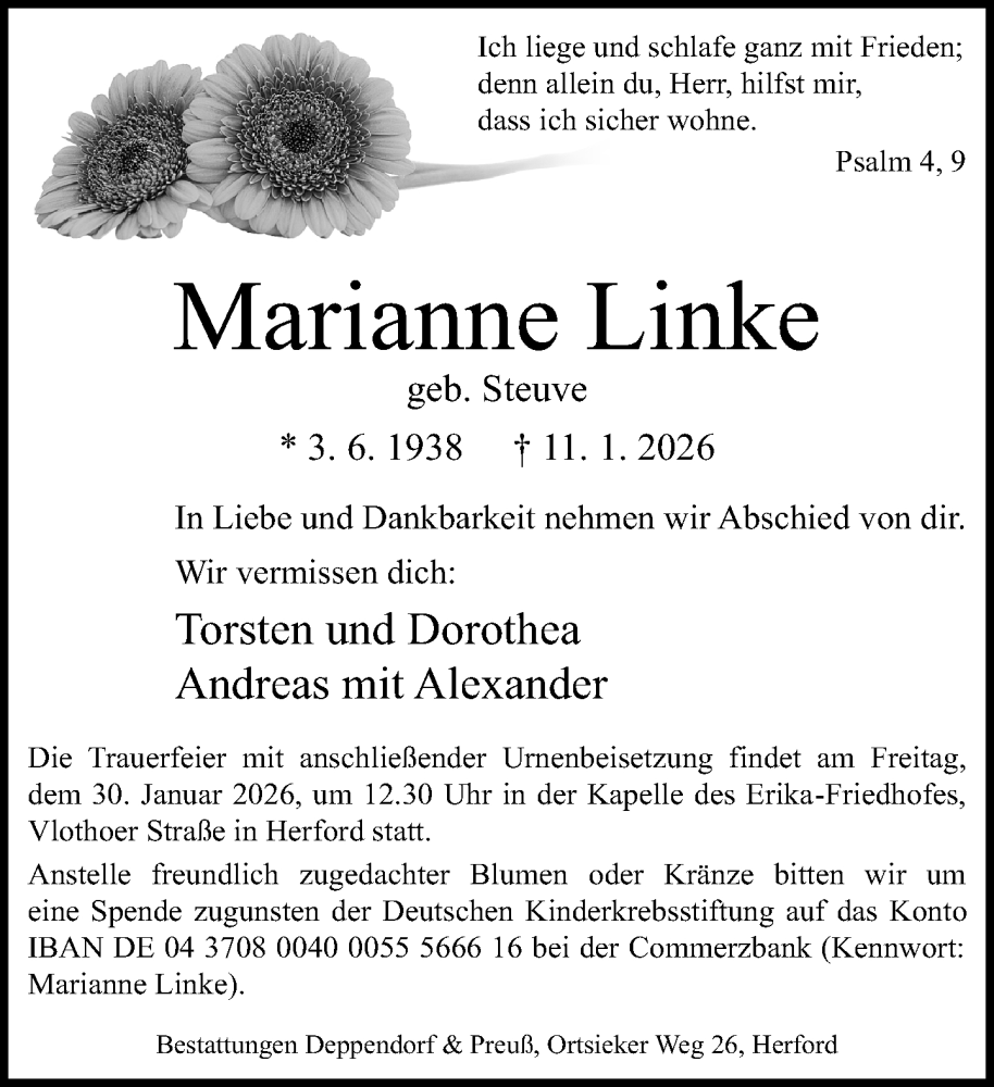  Traueranzeige für Marianne Linke vom 24.01.2026 aus Neue Westfälische und Westfalen-Blatt