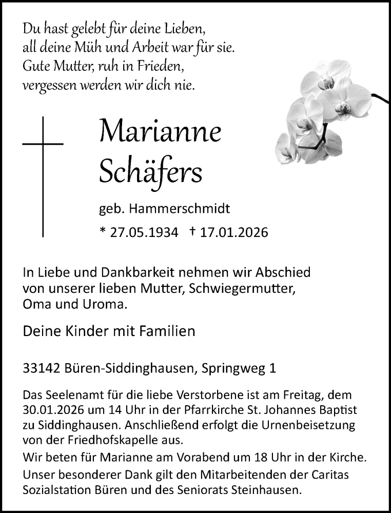 Traueranzeige für Marianne Schäfers vom 24.01.2026 aus Neue Westfälische und Westfalen-Blatt