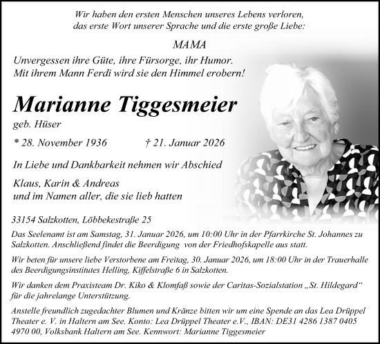 Traueranzeige von Marianne Tiggesmeier von Neue Westfälische und Westfalen-Blatt