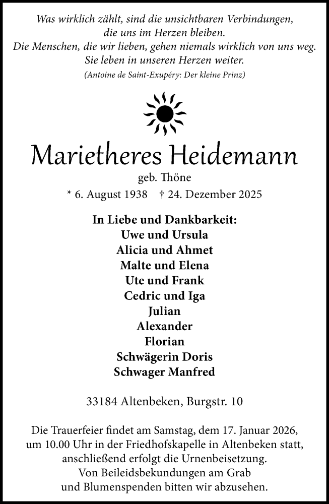  Traueranzeige für Marietheres Heidemann vom 03.01.2026 aus Neue Westfälische und Westfalen-Blatt