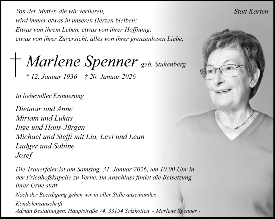 Traueranzeige von Marlene Spenner von Neue Westfälische und Westfalen-Blatt
