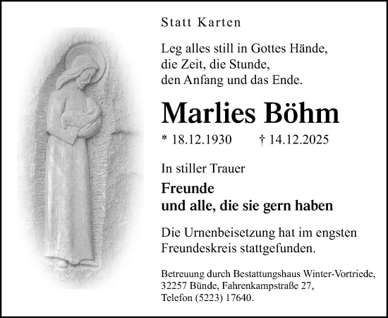 Traueranzeige von Marlies Böhm von Neue Westfälische und Westfalen-Blatt