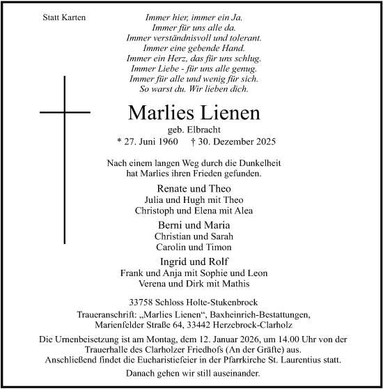 Traueranzeige von Marlies Lienen von Neue Westfälische und Westfalen-Blatt