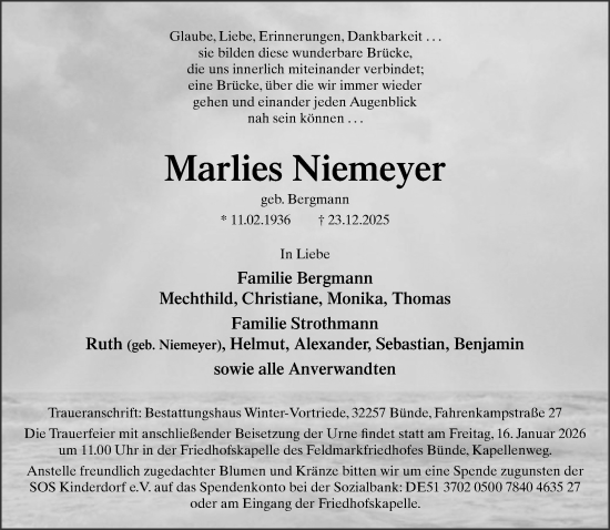 Traueranzeige von Marlies Niemeyer von Neue Westfälische und Westfalen-Blatt