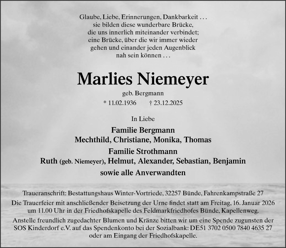  Traueranzeige für Marlies Niemeyer vom 10.01.2026 aus Neue Westfälische und Westfalen-Blatt
