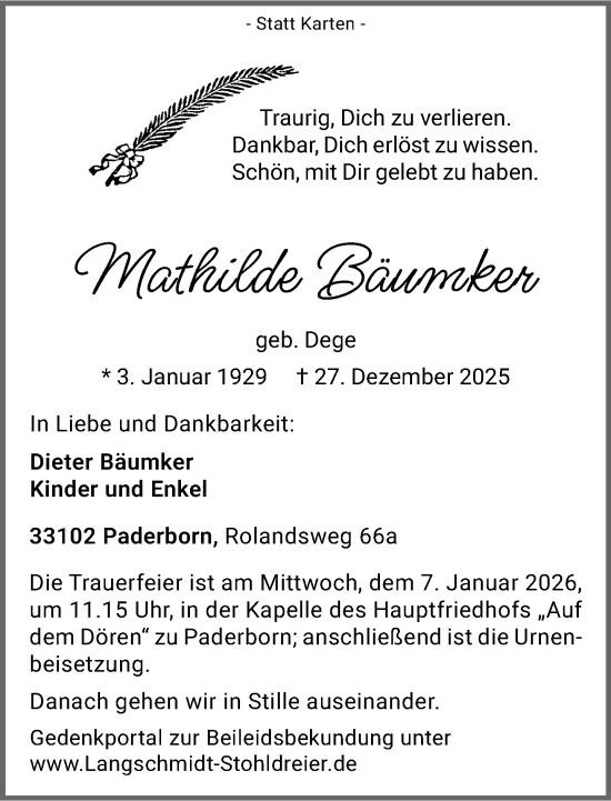 Traueranzeige von Mathilde Bäumker von Neue Westfälische und Westfalen-Blatt