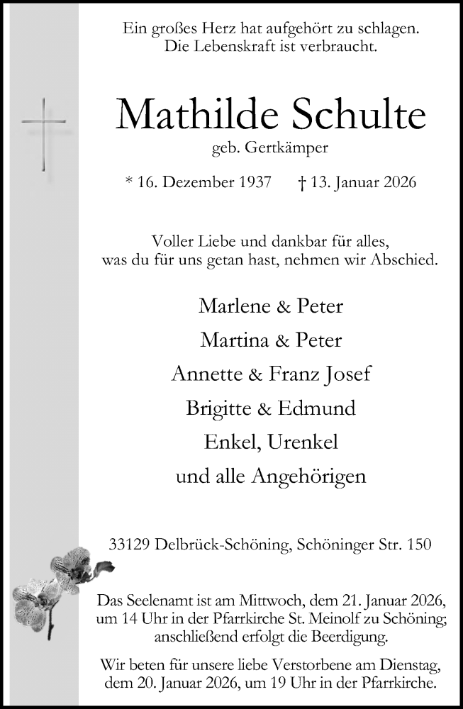  Traueranzeige für Mathilde Schulte vom 17.01.2026 aus Neue Westfälische und Westfalen-Blatt