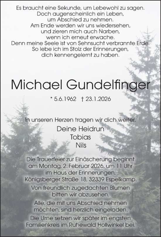 Traueranzeige von Michael Gundelfinger von Neue Westfälische und Westfalen-Blatt