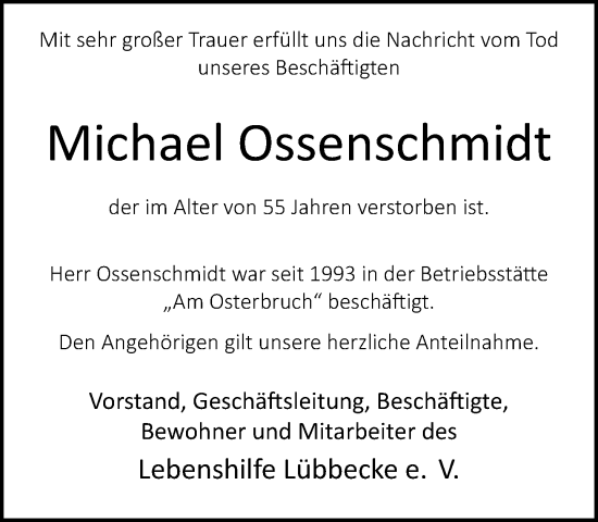 Traueranzeige von Michael Ossenschmidt von Neue Westfälische und Westfalen-Blatt