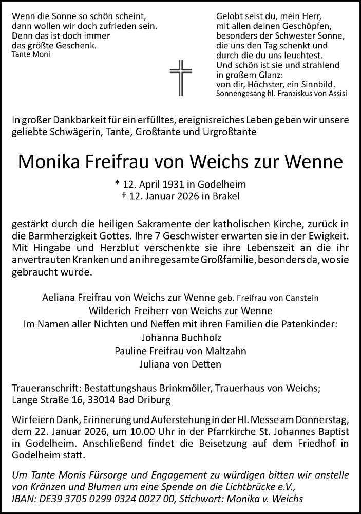  Traueranzeige für Monika Freifrau von Weichs zur Wenne vom 17.01.2026 aus Neue Westfälische und Westfalen-Blatt