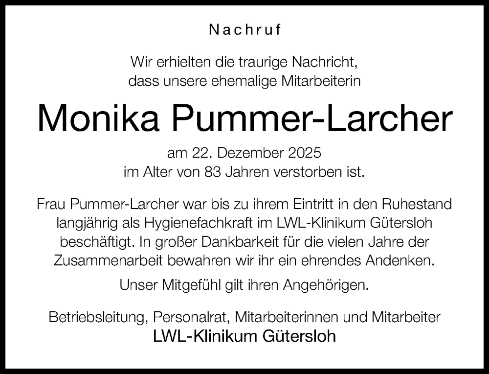  Traueranzeige für Monika Pummer-Larcher vom 24.01.2026 aus Neue Westfälische und Westfalen-Blatt