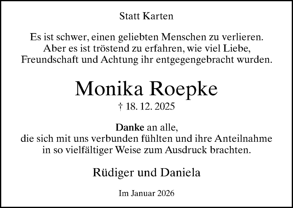  Traueranzeige für Monika Roepke vom 24.01.2026 aus Neue Westfälische und Westfalen-Blatt