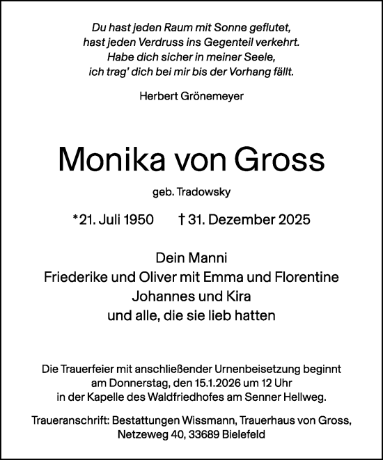 Traueranzeige von Monika von Gross von Neue Westfälische und Westfalen-Blatt