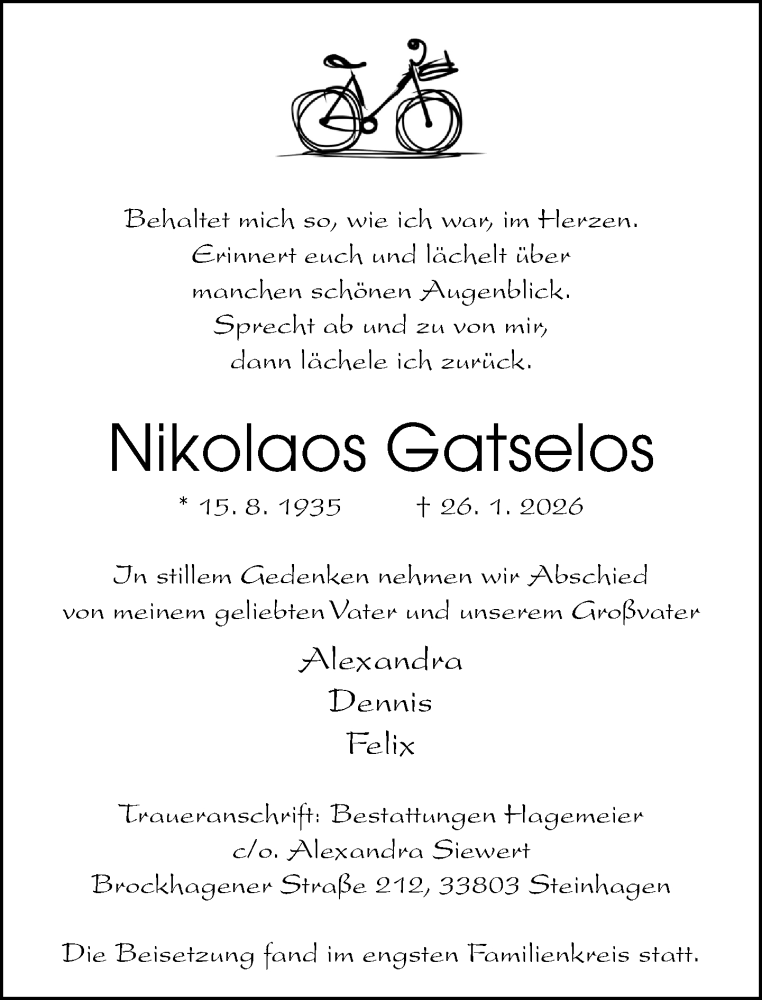  Traueranzeige für Nikolaos Gatselos vom 31.01.2026 aus Neue Westfälische und Westfalen-Blatt