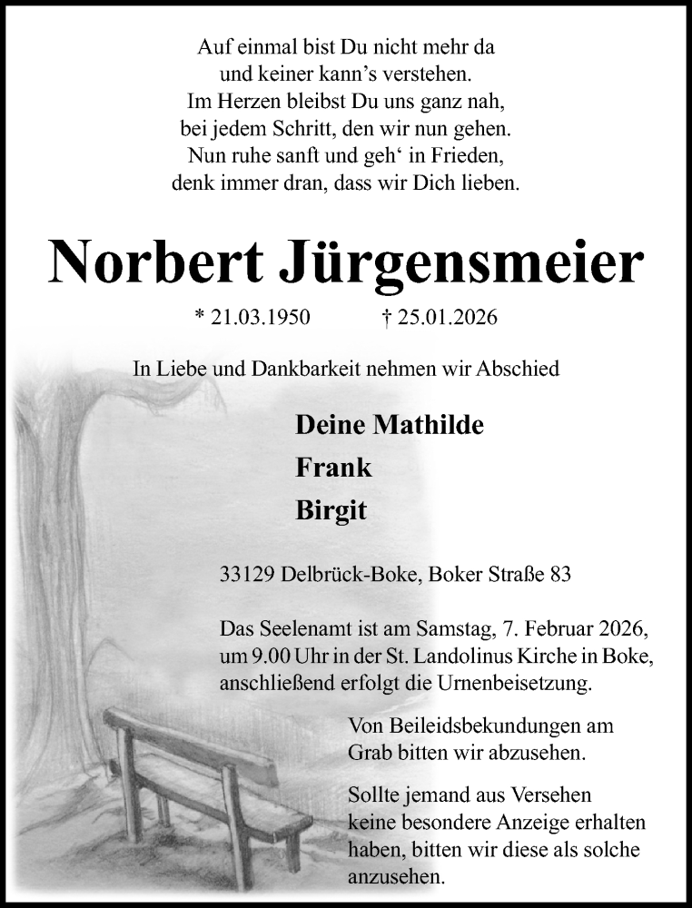  Traueranzeige für Norbert Jürgensmeier vom 31.01.2026 aus Neue Westfälische und Westfalen-Blatt