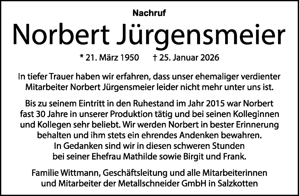  Traueranzeige für Norbert Jürgensmeier vom 31.01.2026 aus Neue Westfälische und Westfalen-Blatt