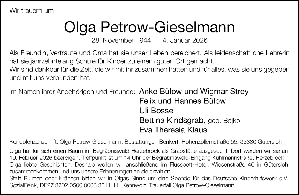  Traueranzeige für Olga Petrow-Gieselmann vom 31.01.2026 aus Neue Westfälische und Westfalen-Blatt