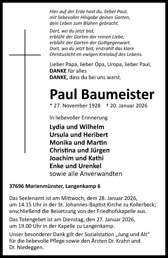 Traueranzeige von Paul Baumeister von Neue Westfälische und Westfalen-Blatt