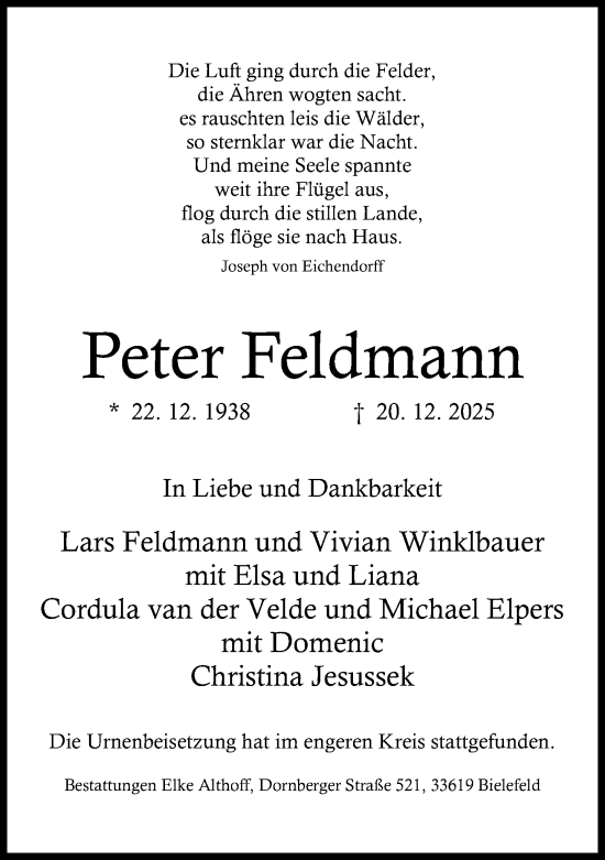 Traueranzeige von Peter Feldmann von Neue Westfälische und Westfalen-Blatt