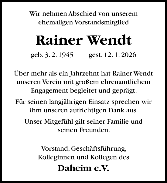 Traueranzeige von Rainer Wendt von Neue Westfälische und Westfalen-Blatt