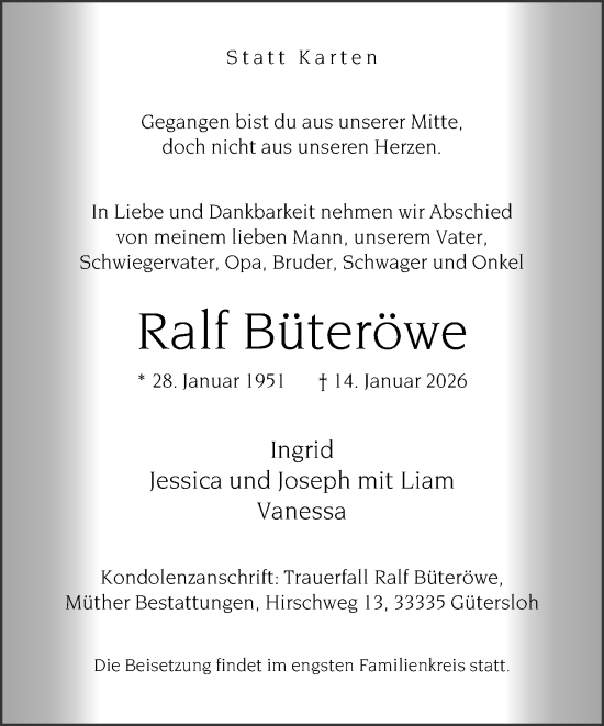 Traueranzeige von Ralf Büteröwe von Neue Westfälische und Westfalen-Blatt