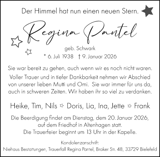 Traueranzeige von Regina Pantel von Neue Westfälische und Westfalen-Blatt