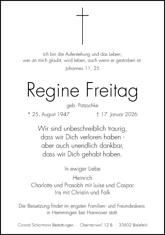 Traueranzeige von Regine Freitag von Neue Westfälische und Westfalen-Blatt