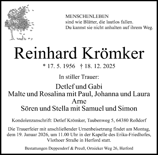 Traueranzeige von Reinhard Krömker von Neue Westfälische und Westfalen-Blatt