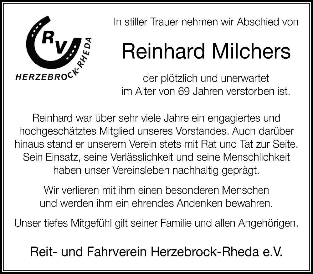  Traueranzeige für Reinhard Milchers vom 14.01.2026 aus Neue Westfälische und Westfalen-Blatt