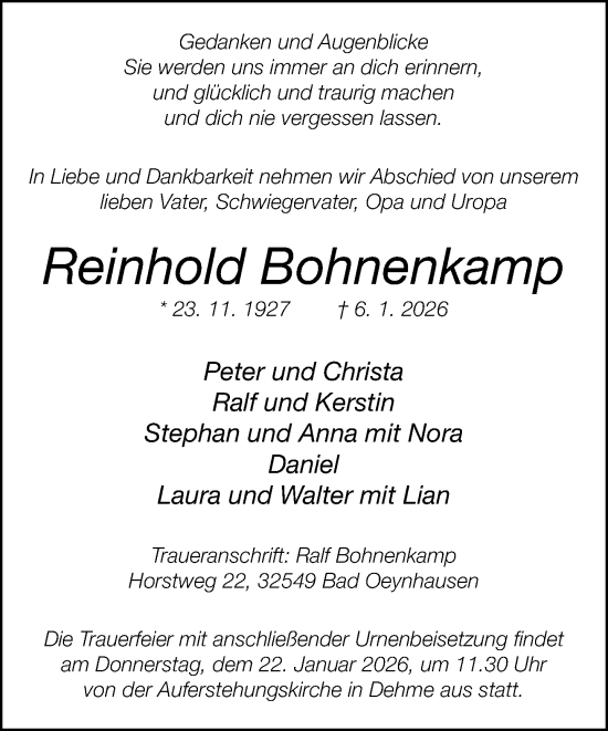 Traueranzeige von Reinhold Bohnenkamp von Neue Westfälische und Westfalen-Blatt
