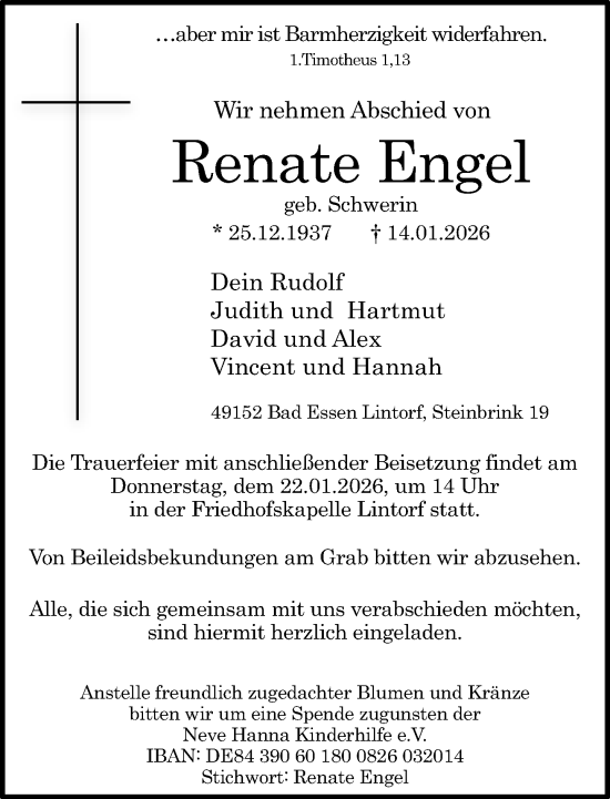 Traueranzeige von Renate Engel von Neue Westfälische und Westfalen-Blatt