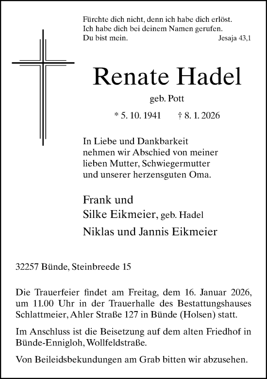 Traueranzeige von Renate Hadel von Neue Westfälische und Westfalen-Blatt